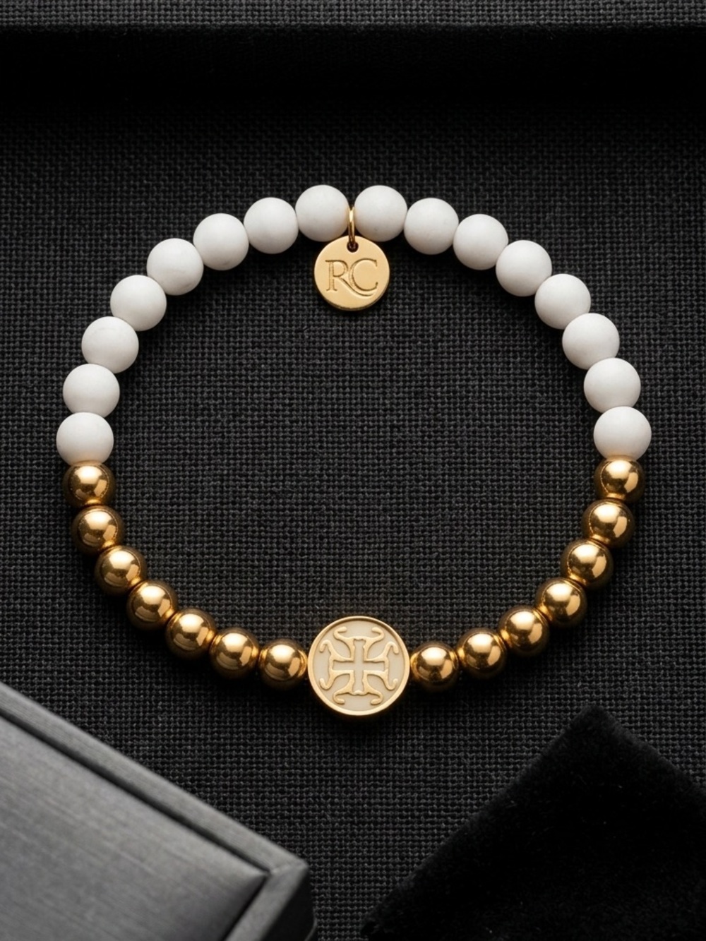 Rustic Cuff Matte White & Gold Beaded Stretch Bracelet Enamel Cross 2534